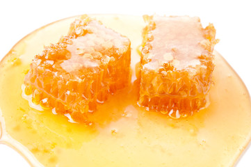 Close-up of fresh honey and slices of honeycomb, studio shot