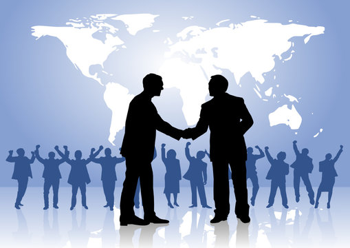 businessmen shaking hands on world map background,vector image