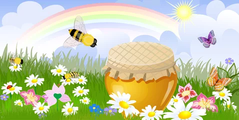 Türaufkleber Sommerpanorama aus einem Glas süßer Honig Illustration enthält at © Aloksa
