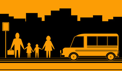 urban landscape with family silhouette and bus stop