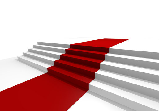 White stairs with a red carpet, 3d image