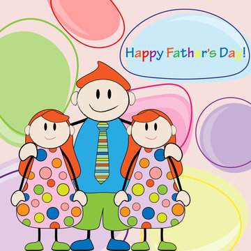 Happy Father's Day.Dad and twins girls vector illustration
