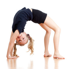 young girl doing gymnastics over white background