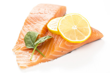 fresh salmon on white background.