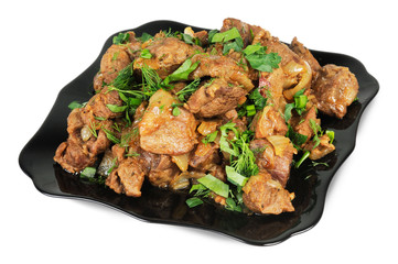 Stew with onions on a plate.