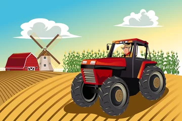 Fotobehang Boerderij Boer rijdt op een tractor