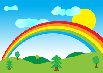 Obraz na płótnie Canvas Vector illustration of summer landscape with rainbow.