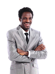 young African American business man with hands folded on white