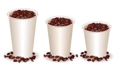 three paper coffee cups filled with coffee beans