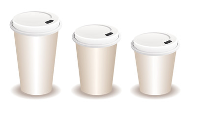 three paper coffee cups with a plastic lid