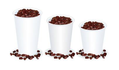 three paper cups filled with coffee beans
