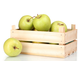 juicy green apples in a wooden crate isolated on white