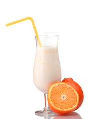 Bunch of bananas and milk cocktail isolated on white