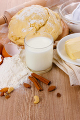 Ingredients for the dough wooden table