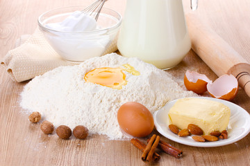 Ingredients for the dough wooden table
