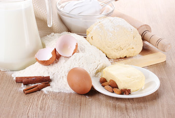 Ingredients for the dough wooden table