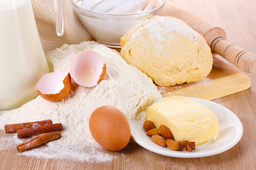 Ingredients for the dough wooden table