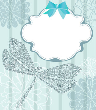 Blue card with beautiful dragonfly and flowers