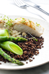 butterfish with green lentils, leek and green asparagus