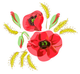 Summer bouquet with red  poppies and ears.