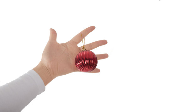 .Female hands hold fur-tree spheres on a white background