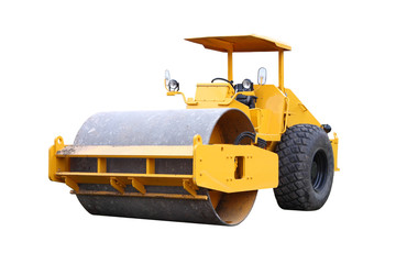 Dirty road roller on white background.
