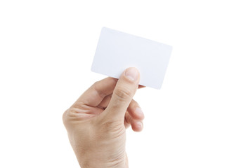 Hand holding empty card isolated on white