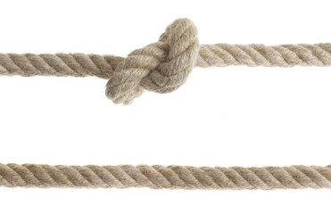 Two natural ropes one with knot isolated on white background