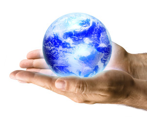 Glowing blue earth in male hands on white background