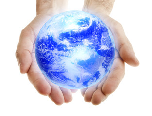 Glowing blue earth in male hands on white background