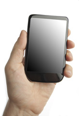 Modern smartphone in a male hand on white