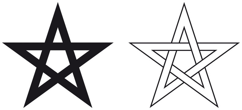 Pentagram, pentalpha, pentangle, star pentagon, the shape of a five-pointed star drawn with five straight strokes. Illustration on white background. Vector.
