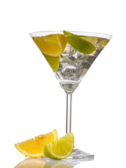 cocktail with ice, lemon and green lime isolated on white