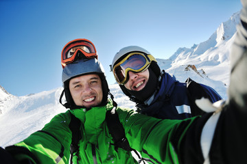 Fototapeta na wymiar winter portrait of friends at skiing