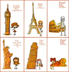 Foto op Plexiglas Doodle Cartoon mode meisje reist de wereld, vector achtergrond