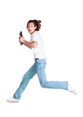 Student jumps with laptop