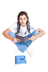 student with a textbook and satchel