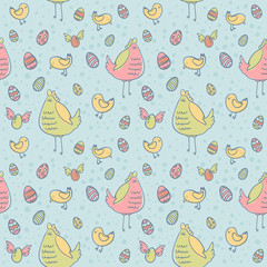 Easter eggs, hen and chicken seamless texture