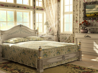Antique luxury bedroom with large windows lighting the room. Flo
