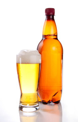 Beer in plastic bottle and glass on a white background