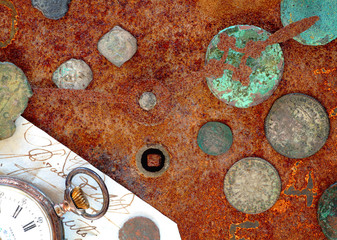 The old rusty clock and the ancient coins