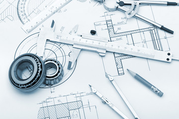 The plan industrial details, a protractor, caliper, divider and