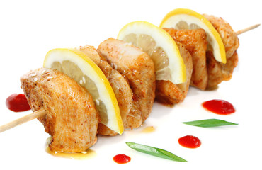 chicken shish kebab with lemon isolated on white background