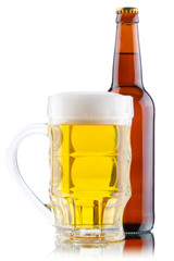 Beer mug and bottle isolated on white background