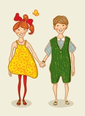 Birthday, Valentine Love Card. Boy and girl holding hand