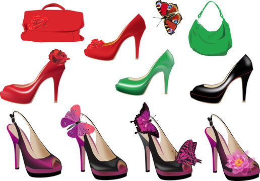 set of bright shoes with flowers and butterflies