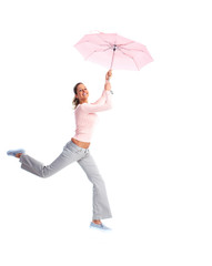 Woman flying with umbrella.