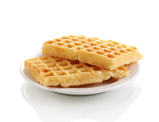 Sweet waffles on plate isolated on white