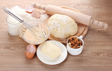 Ingredients for the dough wooden table