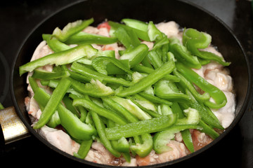 Fried chicken, Pepper and Ginger on a pan